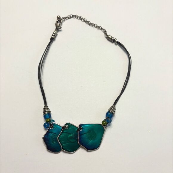 Chico’s Women’s Black Rope with Silver Blue Green Pendant Necklace - Picture 1 of 9
